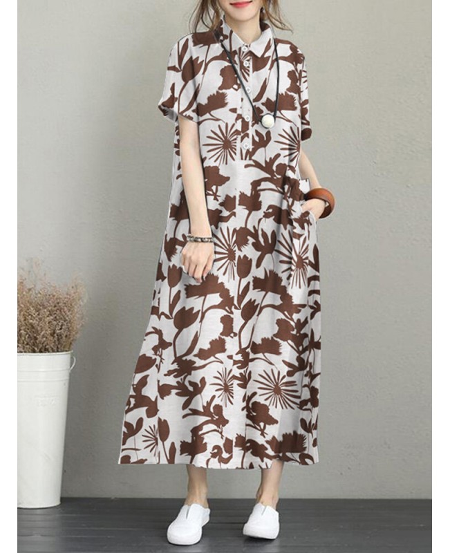 Flower Print Pocket Button Lapel Casual Short Sleeve Maxi Dress - Black S