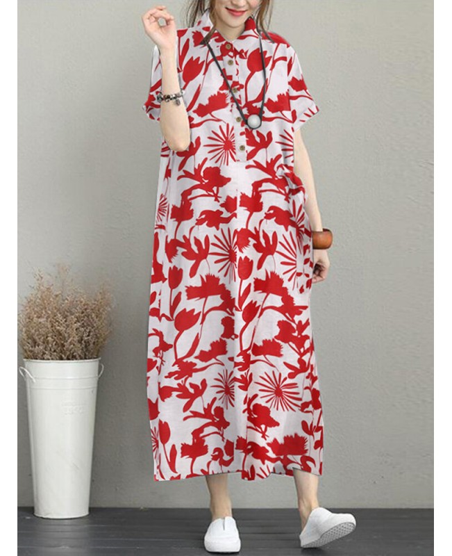Flower Print Pocket Button Lapel Casual Short Sleeve Maxi Dress - Black S