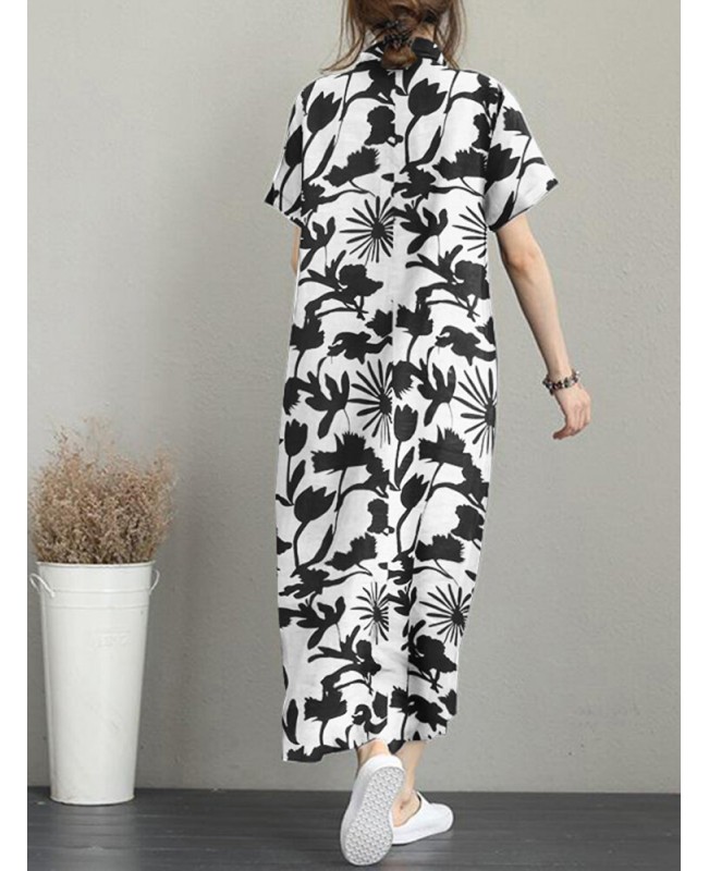 Flower Print Pocket Button Lapel Casual Short Sleeve Maxi Dress - Black S