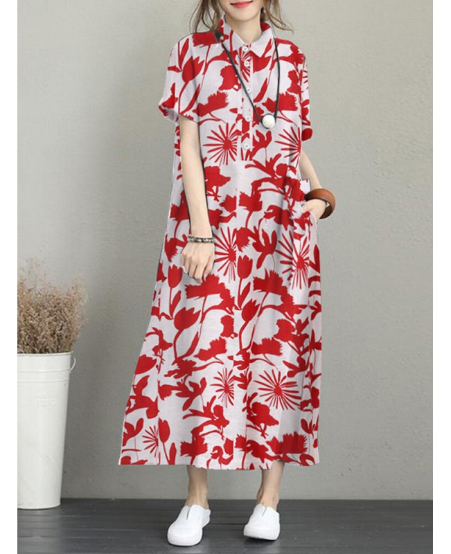 Flower Print Pocket Button Lapel Casual Short Sleeve Maxi Dress - Black S