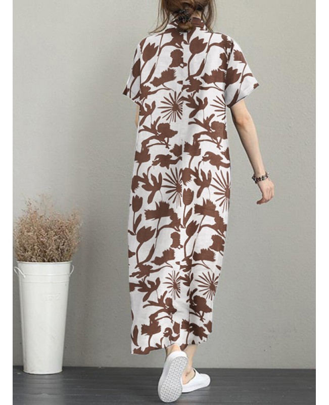 Flower Print Pocket Button Lapel Casual Short Sleeve Maxi Dress - Black S
