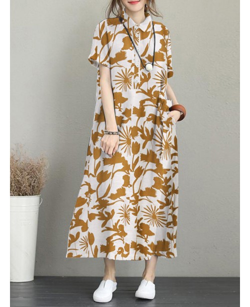 Flower Print Pocket Button Lapel Casual Short Slee...