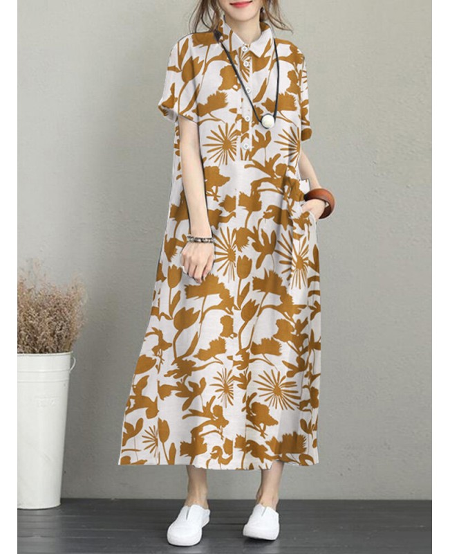Flower Print Pocket Button Lapel Casual Short Sleeve Maxi Dress - Black S
