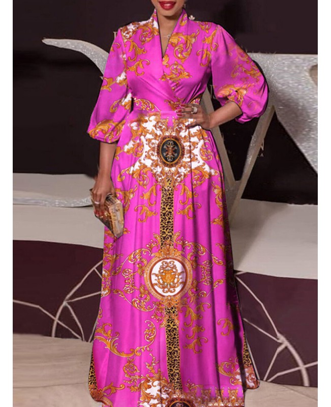 Tribal Pattern Lantern Sleeve V-neck Maxi Dress - Black S