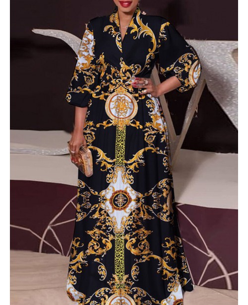 Tribal Pattern Lantern Sleeve V-neck Maxi Dress - ...