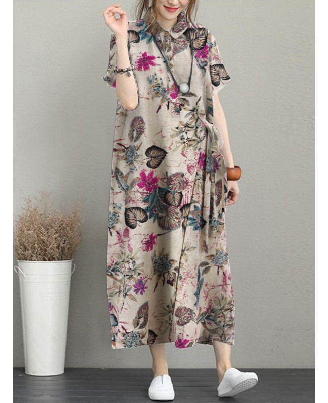Flower Print Knotted Pocket Button Short Sleeve Lapel Dress - Rose S