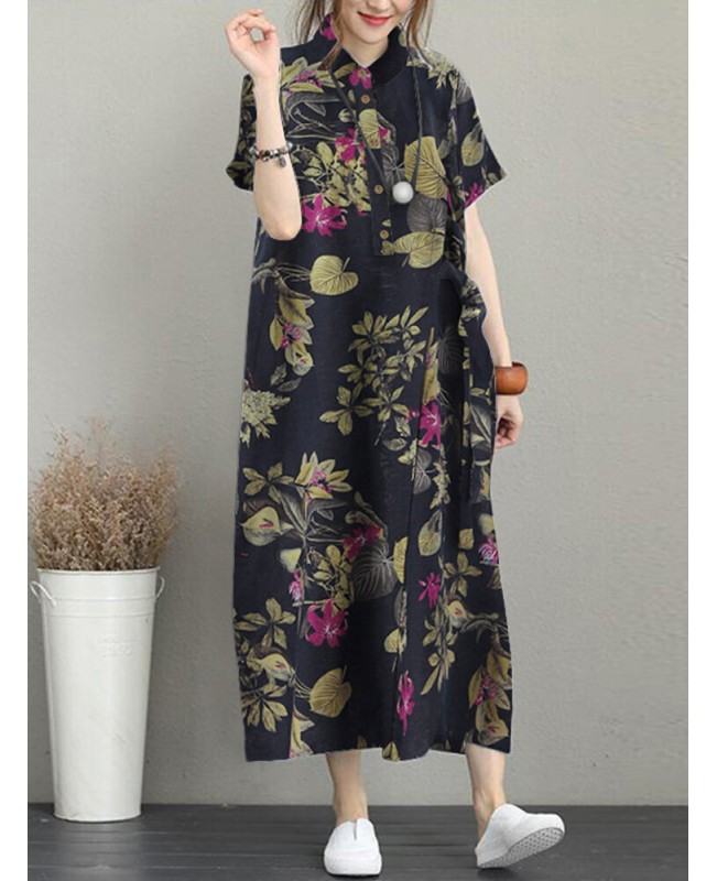 Flower Print Knotted Pocket Button Short Sleeve Lapel Dress - Rose S