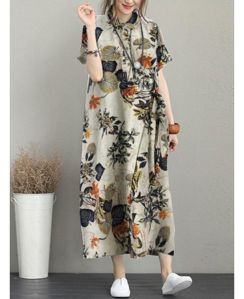 Flower Print Knotted Pocket Button Short Sleeve La...