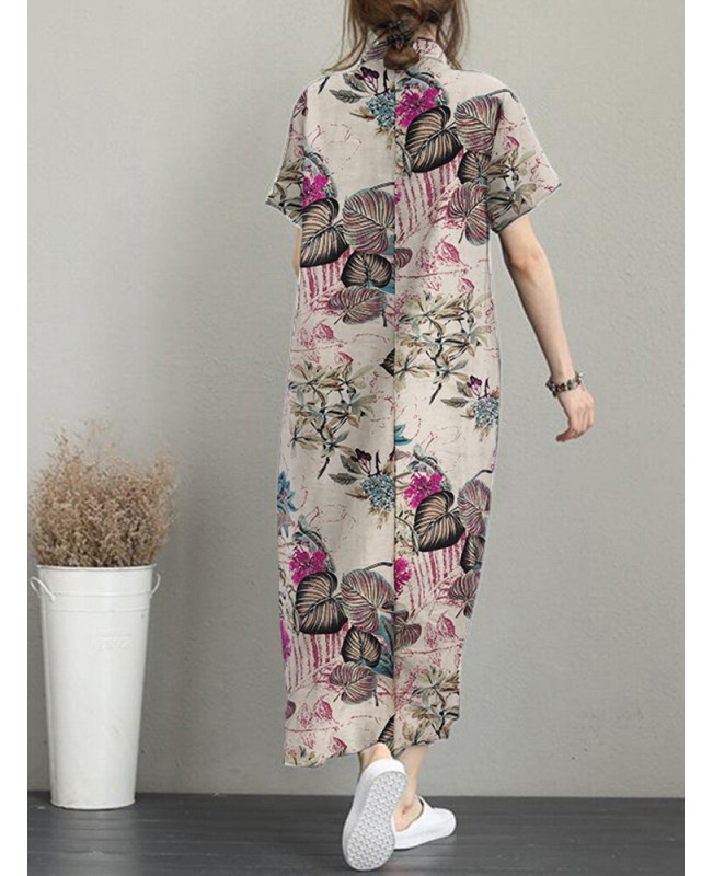 Flower Print Knotted Pocket Button Short Sleeve Lapel Dress - Rose S