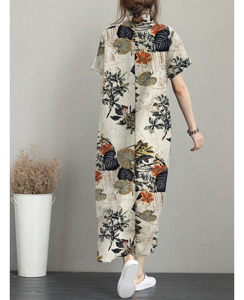 Flower Print Knotted Pocket Button Short Sleeve La...