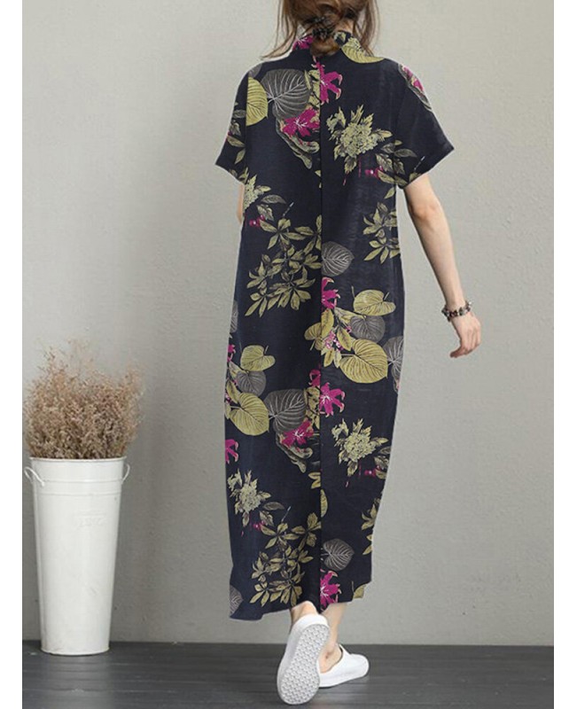 Flower Print Knotted Pocket Button Short Sleeve Lapel Dress - Rose S