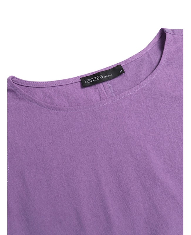 Solid Pocket Cotton Round Neck Sleeveless Casual Maxi Dress - purple S