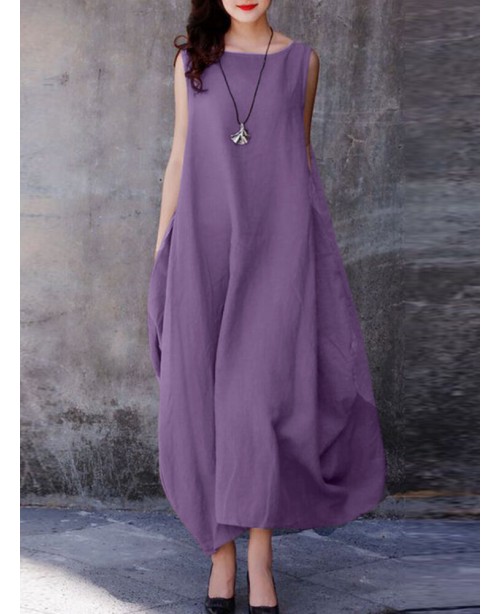 Solid Pocket Cotton Round Neck Sleeveless Casual M...