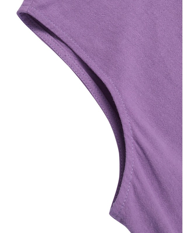Solid Pocket Cotton Round Neck Sleeveless Casual Maxi Dress - purple S