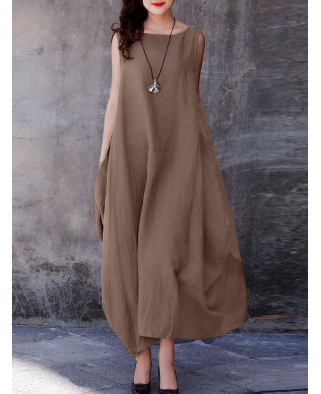 Solid Pocket Cotton Round Neck Sleeveless Casual Maxi Dress - purple S