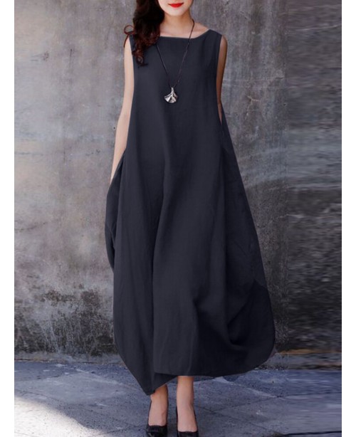 Solid Pocket Cotton Round Neck Sleeveless Casual M...