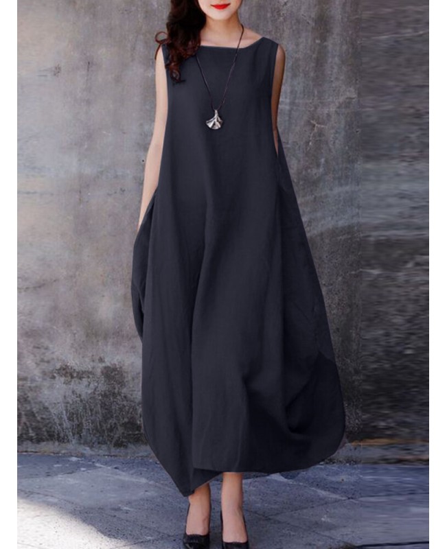 Solid Pocket Cotton Round Neck Sleeveless Casual Maxi Dress - purple S