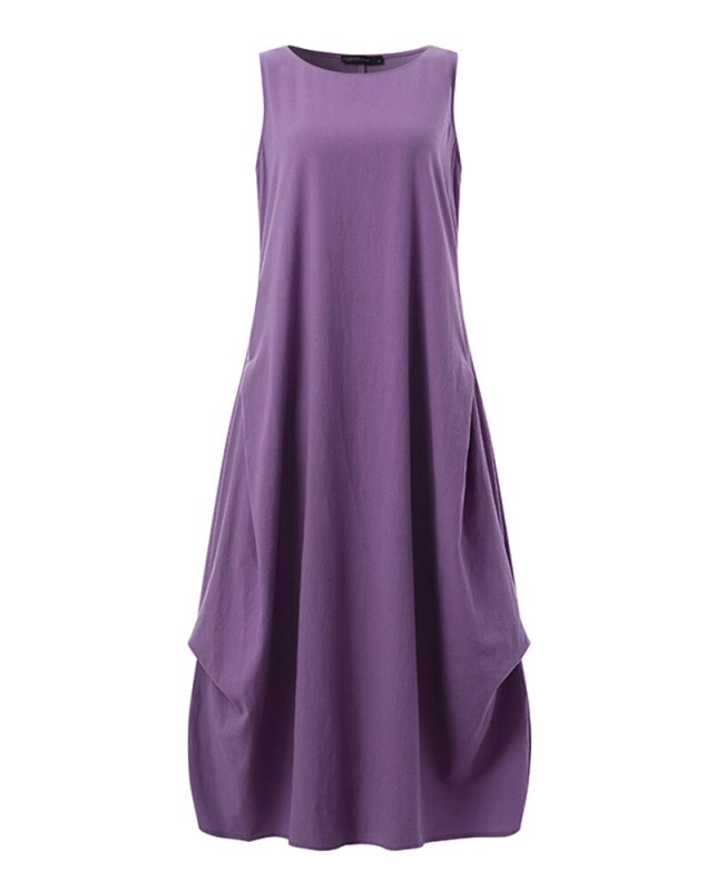 Solid Pocket Cotton Round Neck Sleeveless Casual Maxi Dress - purple S
