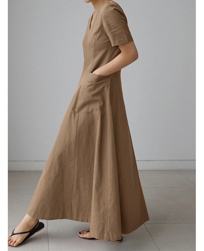 Solid Pocket Short Sleeve V-neck Swing Maxi Dress - Brown 3XL