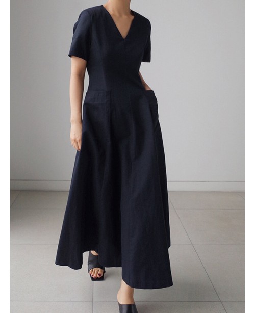 Solid Pocket Short Sleeve V-neck Swing Maxi Dress ...
