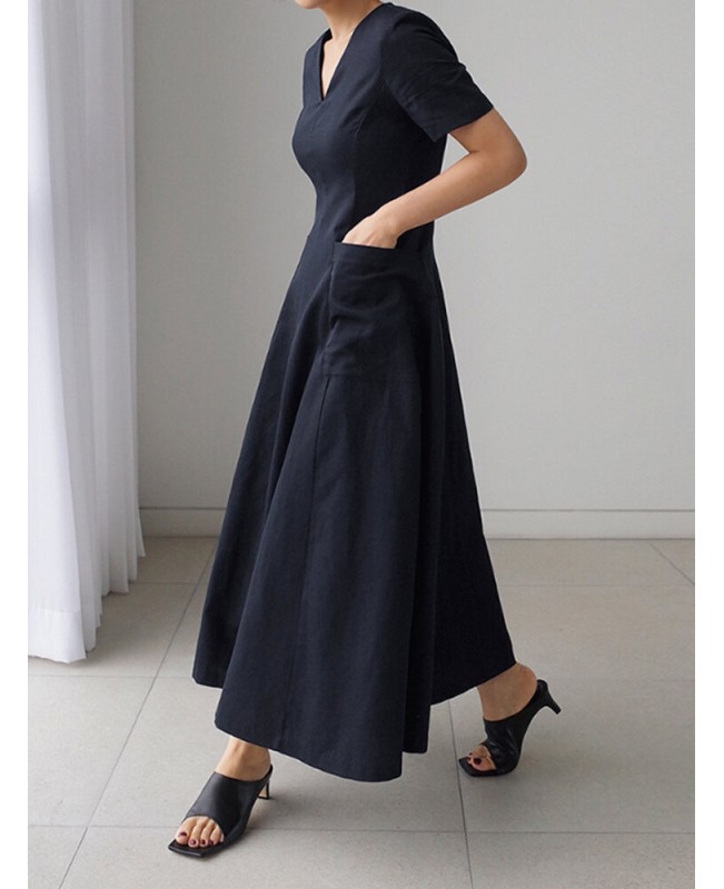Solid Pocket Short Sleeve V-neck Swing Maxi Dress - Brown 3XL