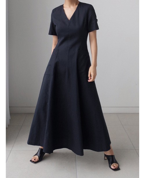 Solid Pocket Short Sleeve V-neck Swing Maxi Dress ...