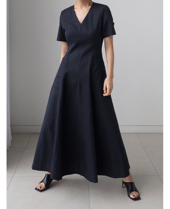 Solid Pocket Short Sleeve V-neck Swing Maxi Dress - Brown 3XL