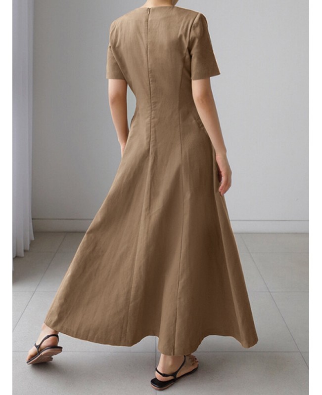 Solid Pocket Short Sleeve V-neck Swing Maxi Dress - Brown 3XL