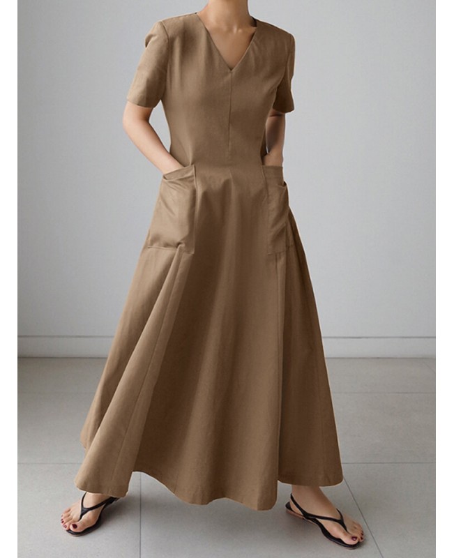 Solid Pocket Short Sleeve V-neck Swing Maxi Dress - Brown 3XL