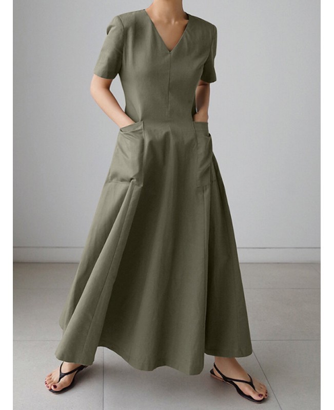 Solid Pocket Short Sleeve V-neck Swing Maxi Dress - Brown 3XL