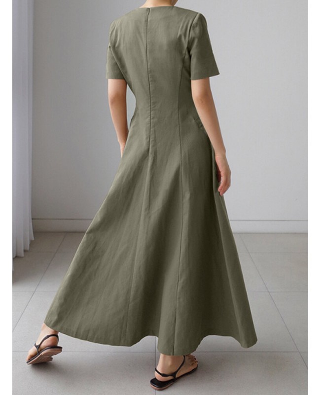 Solid Pocket Short Sleeve V-neck Swing Maxi Dress - Brown 3XL