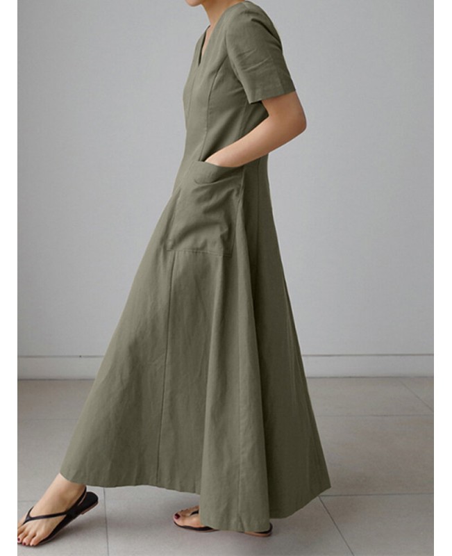 Solid Pocket Short Sleeve V-neck Swing Maxi Dress - Brown 3XL