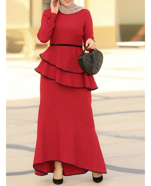 Women Irregular Hem Double Layer Ruffle Solid Dres...