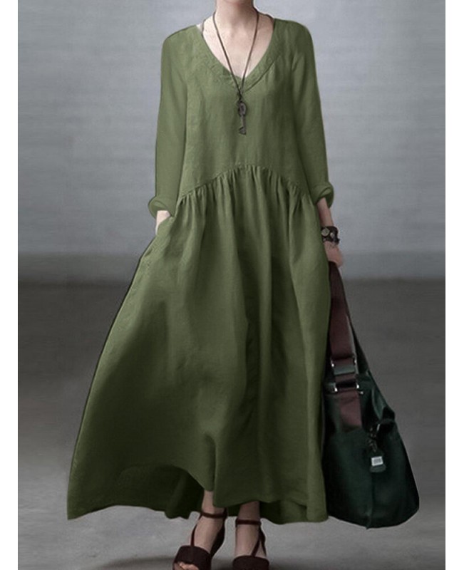 Solid Long Sleeve Pocket V-neck Dress For Women - Black Black
