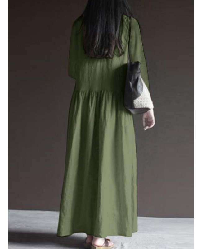 Solid Long Sleeve Pocket V-neck Dress For Women - Black Black