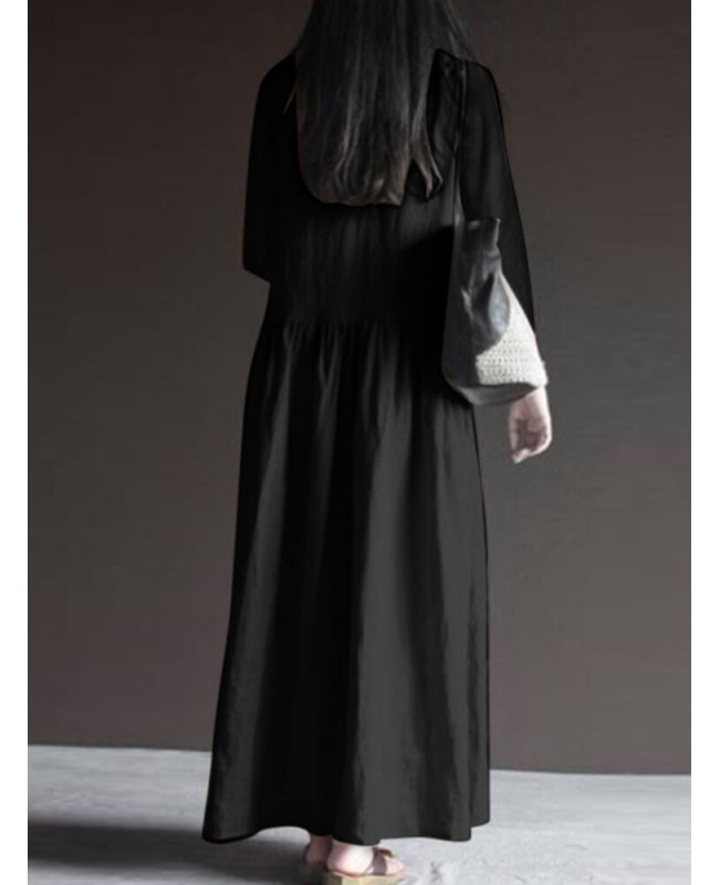 Solid Long Sleeve Pocket V-neck Dress For Women - Black Black