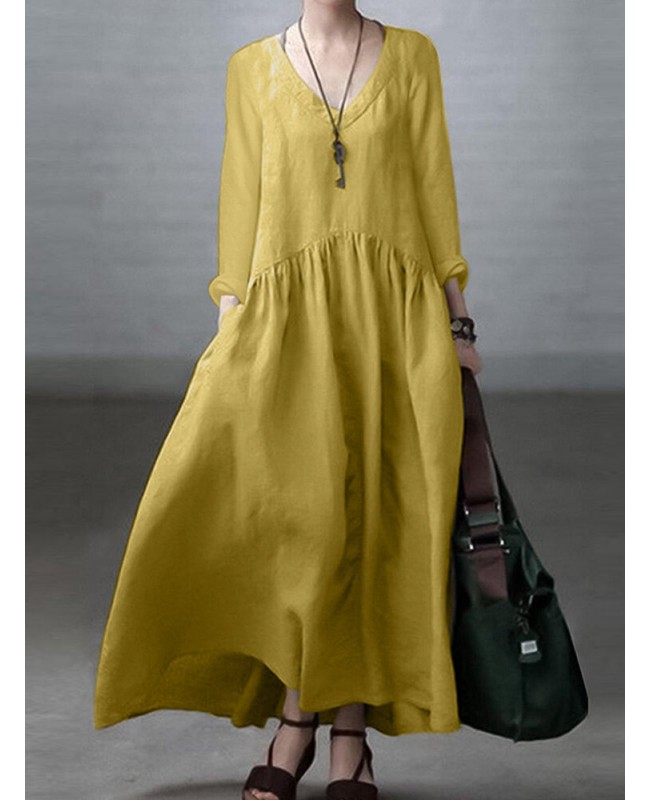 Solid Long Sleeve Pocket V-neck Dress For Women - Black Black