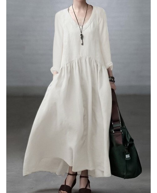 Solid Long Sleeve Pocket V-neck Dress For Women - ...