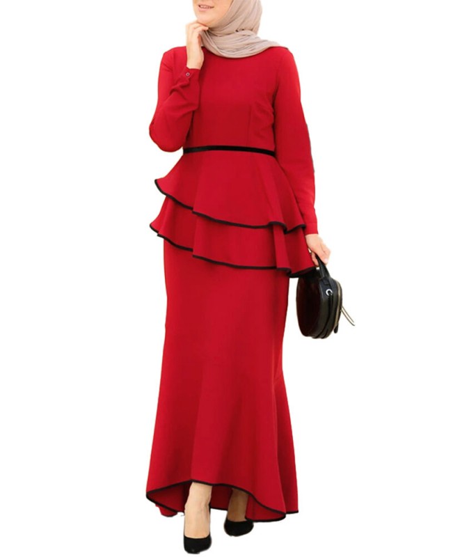Women Irregular Hem Double Layer Ruffle Solid Dress - Red 3XL