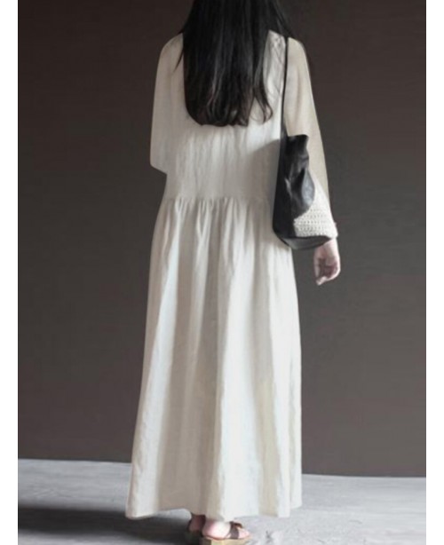 Solid Long Sleeve Pocket V-neck Dress For Women - ...