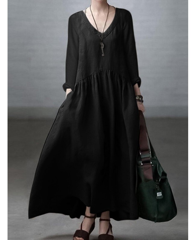 Solid Long Sleeve Pocket V-neck Dress For Women - Black Black
