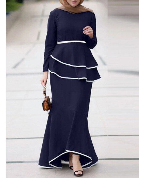 Women Irregular Hem Double Layer Ruffle Solid Dres...