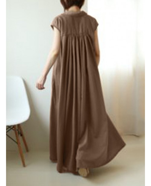 Solid Button Lapel Ruched Short Sleeve Maxi Shirt ...
