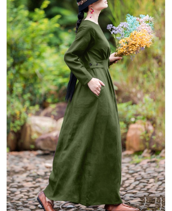 Cotton Solid Button Pocket Long Sleeve Zip Casual Maxi Dress - Army Green XL