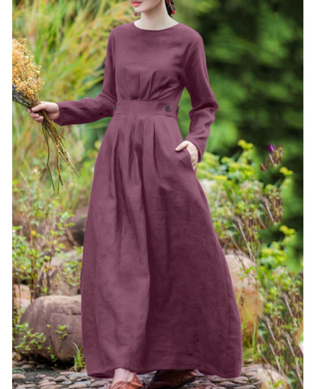 Cotton Solid Button Pocket Long Sleeve Zip Casual Maxi Dress - Army Green XL