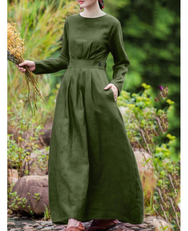 Cotton Solid Button Pocket Long Sleeve Zip Casual Maxi Dress - Army Green XL