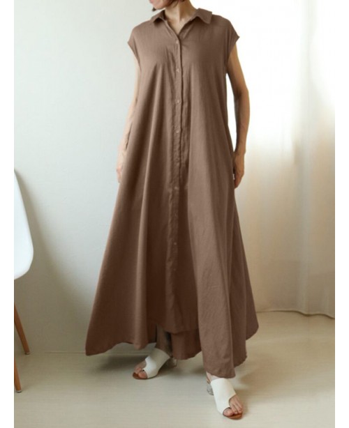Solid Button Lapel Ruched Short Sleeve Maxi Shirt ...