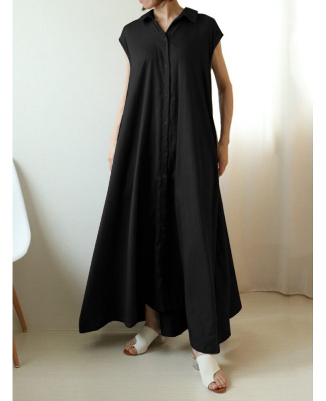 Solid Button Lapel Ruched Short Sleeve Maxi Shirt Dress - Black S