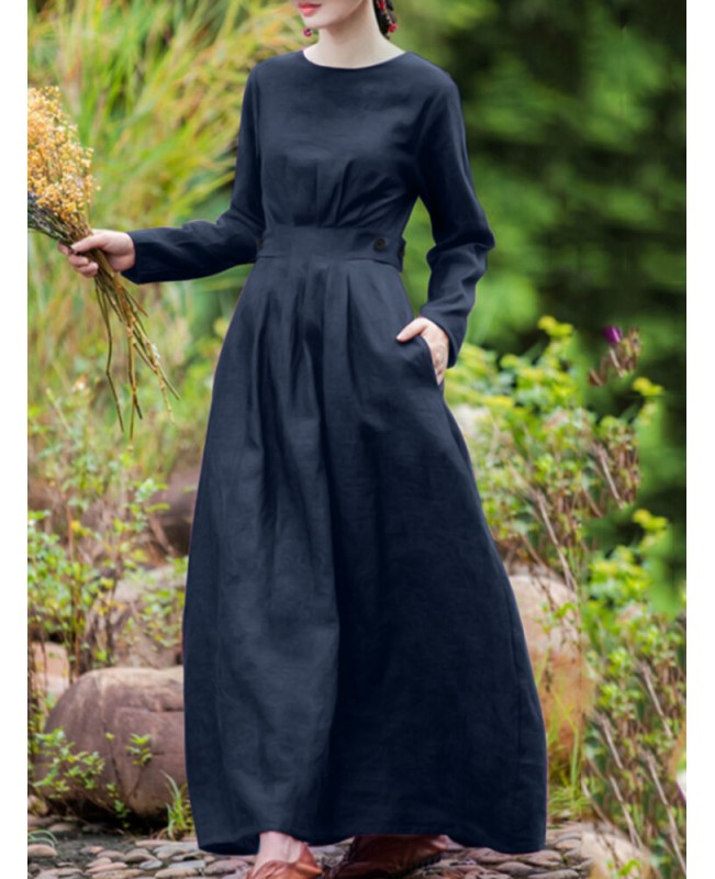 Cotton Solid Button Pocket Long Sleeve Zip Casual Maxi Dress - Army Green XL