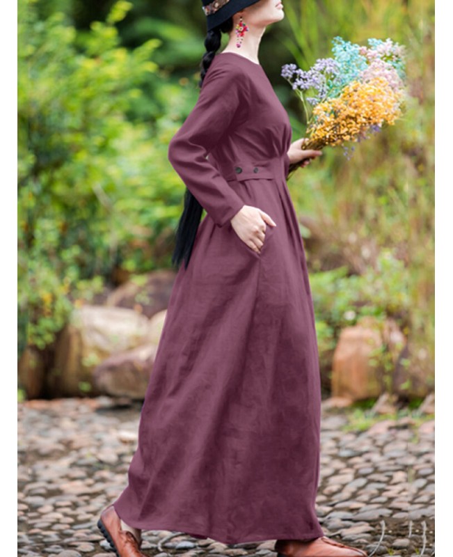 Cotton Solid Button Pocket Long Sleeve Zip Casual Maxi Dress - Army Green XL